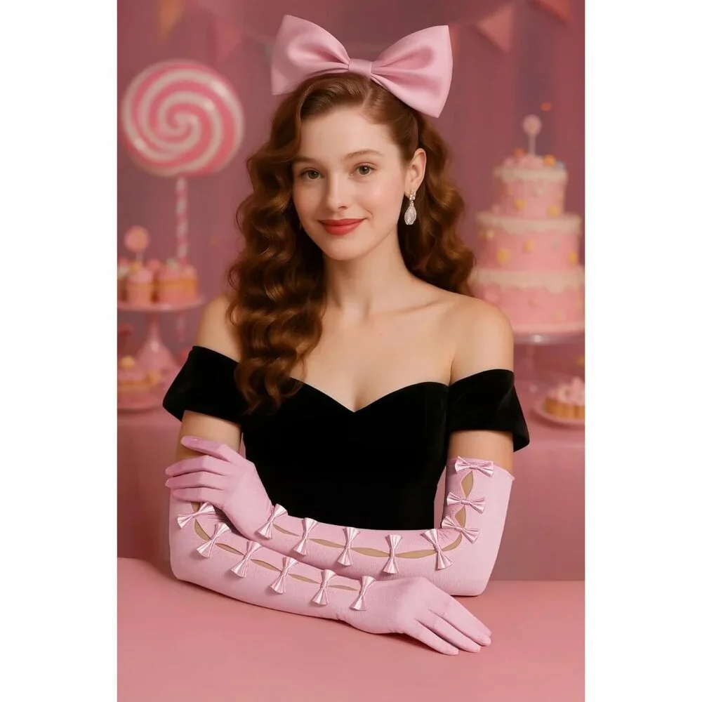 Women's Princess Pink Long Sleeves Gloves Bow Lace Mesh Tulle Party Prom